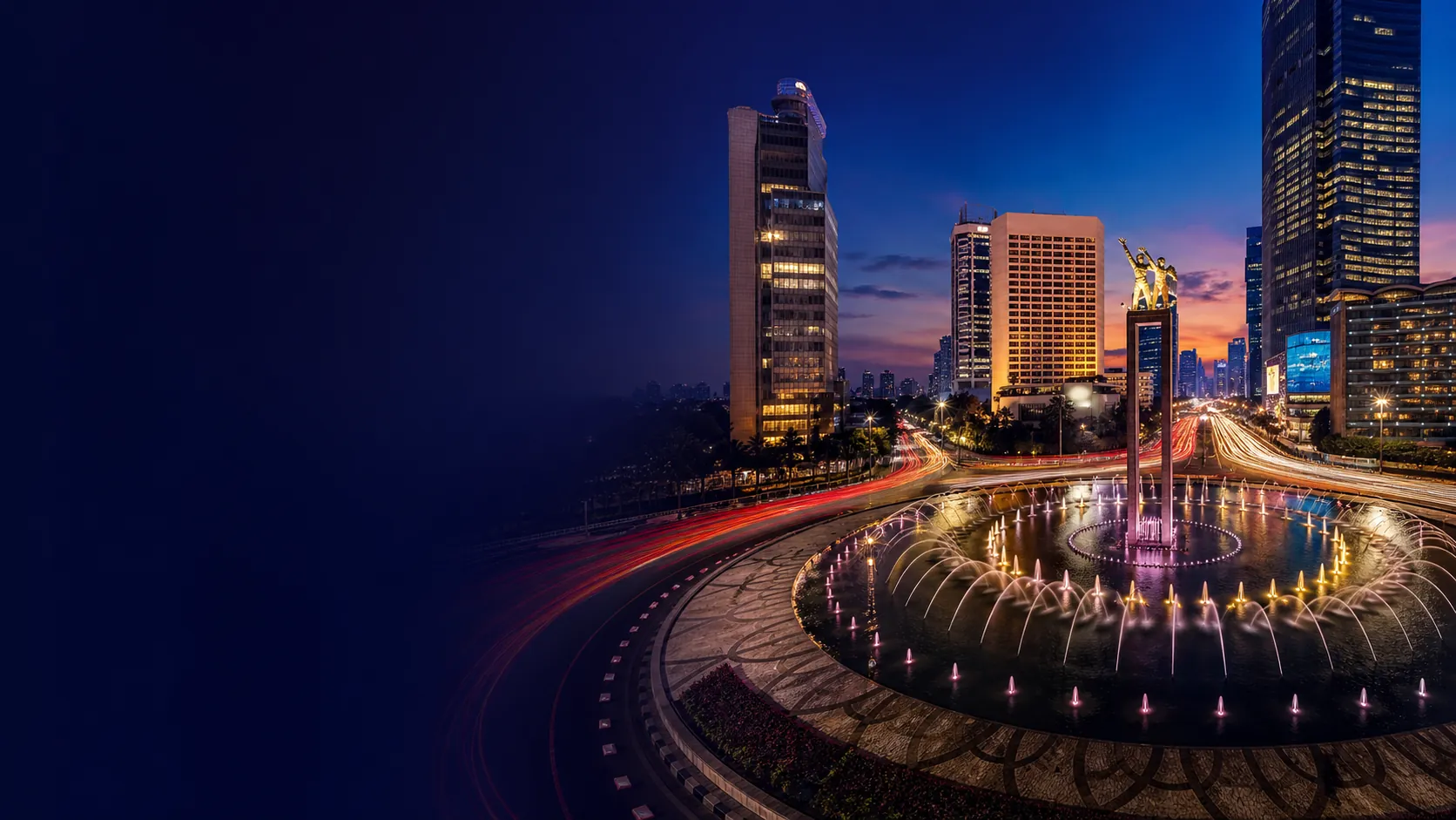 Jakarta skyline at Bundaran HI at dusk — Indonesia, Southeast Asia's largest consumer market